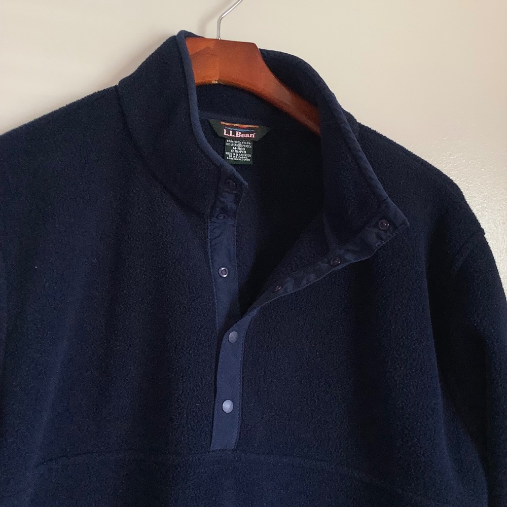 LL Bean Mens Navy Blue Snap Front Fleece Pullover Mock Neck Sweater Size Medium